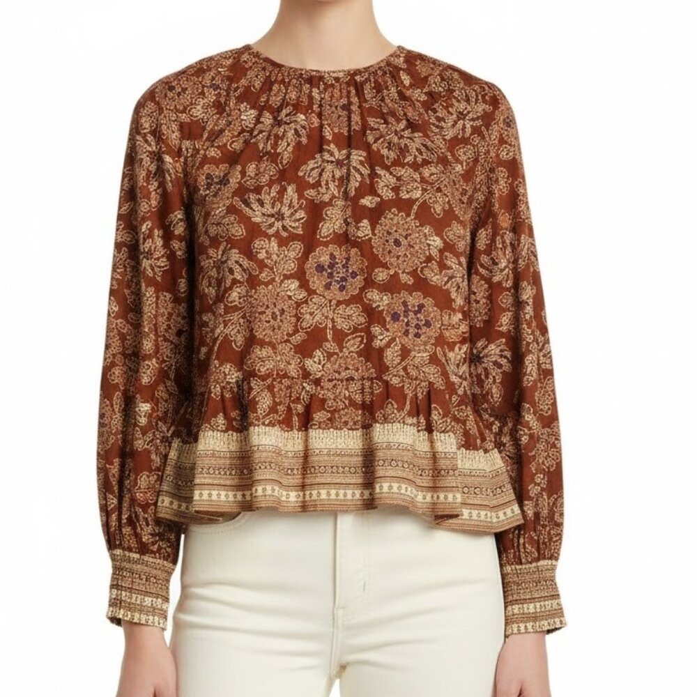 Veronica Beard Kester Peasant Blouse Rust Ivory Size 8